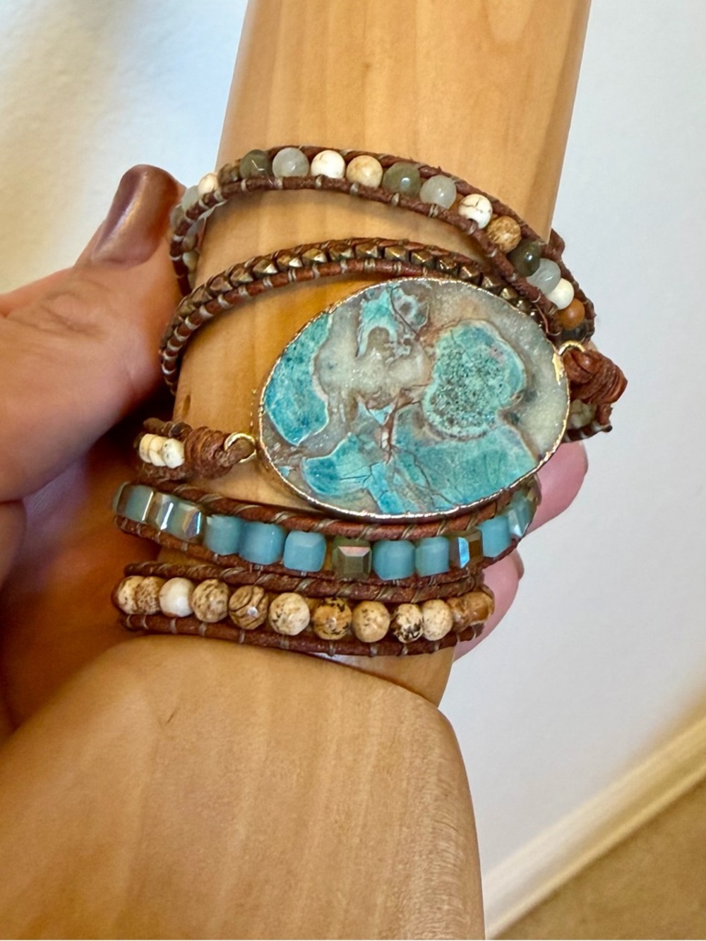 Boho Multi-Strand Turquoise and Brown Leather Wrap Bracelet